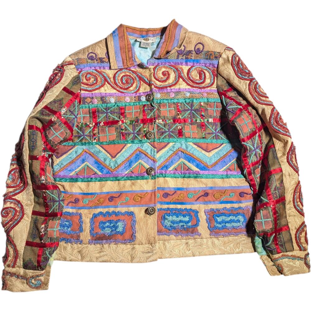 Vtg Y2K Sandy Starkman Colorful Patchwork Geometric Swirl Art To Wear Jacket S